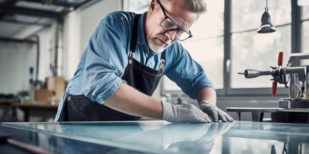 Ein erfahrener Fensterbauer in Wuppertal bearbeitet sorgfältig eine Glasplatte in seiner Werkstatt. Er trägt eine Schutzbrille, Arbeitshandschuhe und eine blaue Arbeitskleidung. Im Hintergrund sind Werkstattutensilien und ein großes Fenster zu sehen, das für natürliches Licht sorgt.