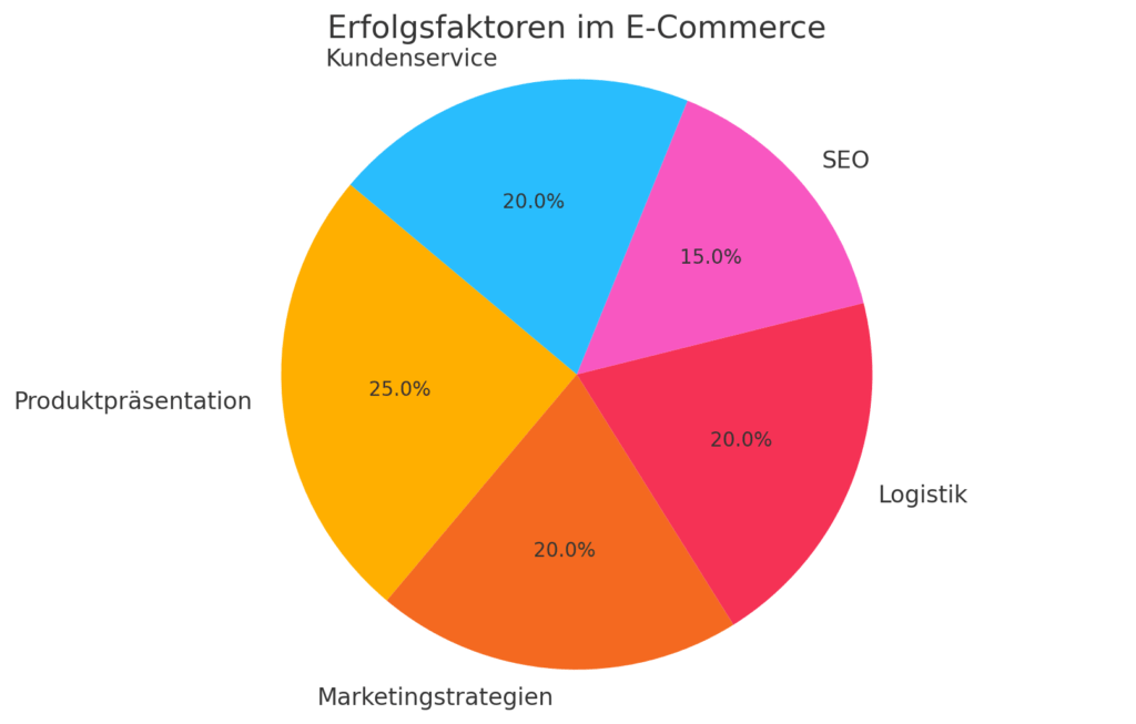 Kreisdiagramm der Erfolgsfaktoren im E-Commerce für lokale Unternehmen, dargestellt in fünf Schlüsselbereichen: Produktpräsentation, Marketingstrategien, Logistik, SEO und Kundenservice, mit Unterstützung durch eine Amazon Agentur.