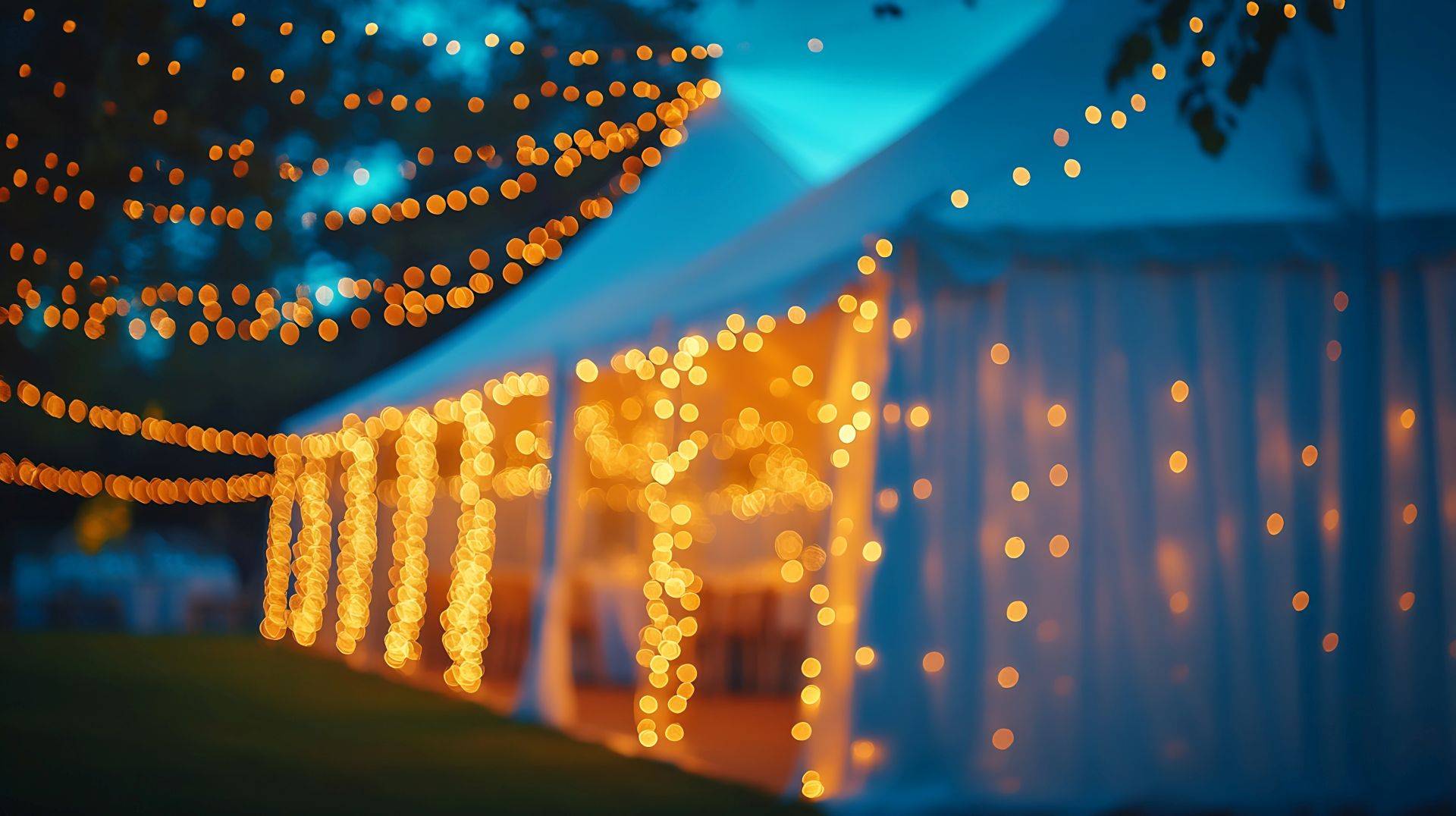 Ein festlich beleuchtetes Partyzelt bei einer Abendveranstaltung, dekoriert mit warmen Lichterketten für eine romantische Stimmung.