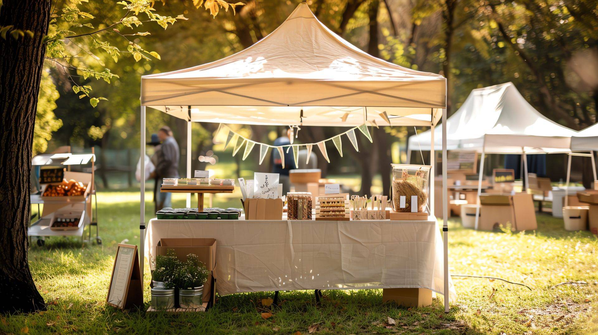 Ein dekorativer Verkaufsstand bei einem Outdoor-Event unter einem weißen Partyzelt mit Dekoration, Produkten und natürlicher Beleuchtung.