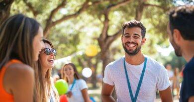 Eine Gruppe von lachenden Menschen bei einer Outdoor-Veranstaltung, die im Grünen stattfindet, nahe einem Partyzelt mit bunten Dekorationen.