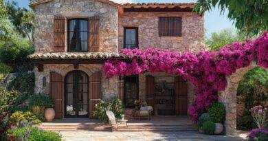 Rustikales Haus mit wetterfesten Naturstein Verblender, Holzfenstern und blühender Bougainvillea