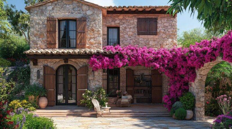 Rustikales Haus mit wetterfesten Naturstein Verblender, Holzfenstern und blühender Bougainvillea